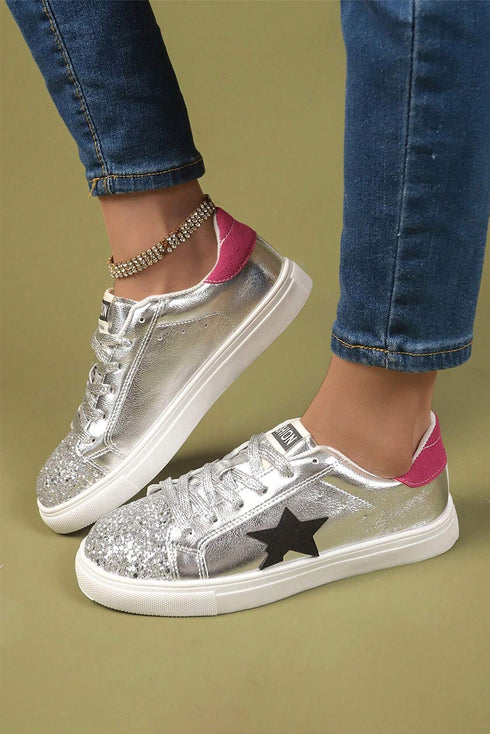 Lustrous Star Print Round Toe Slip On Flat Shoes