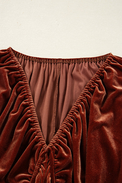 Luxe Velvet V Neck Bishop Sleeve Empire Waist Flared Mini Dress