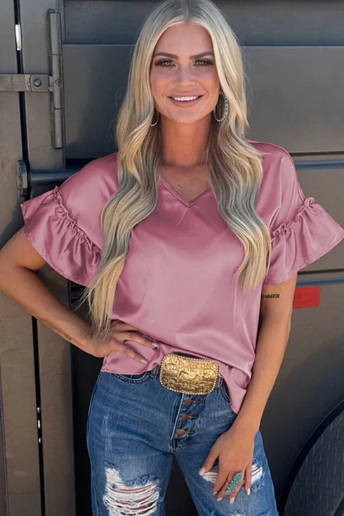 Luxurious Satin Layered Ruffle Sleeve Chic Glamour Summer Top Tee