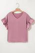 Luxurious Satin Layered Ruffle Sleeve Chic Glamour Summer Top Tee