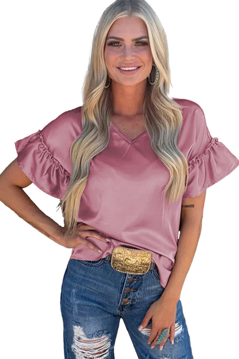 Luxurious Satin Layered Ruffle Sleeve Chic Glamour Summer Top Tee