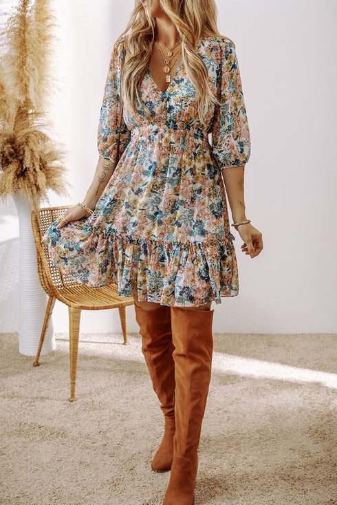 Magnolia Blossoms Ruffled V-Neck Dress
