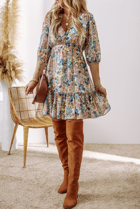 Magnolia Blossoms Ruffled V-Neck Dress