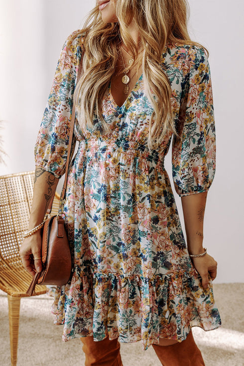 Magnolia Blossoms Ruffled V-Neck Dress