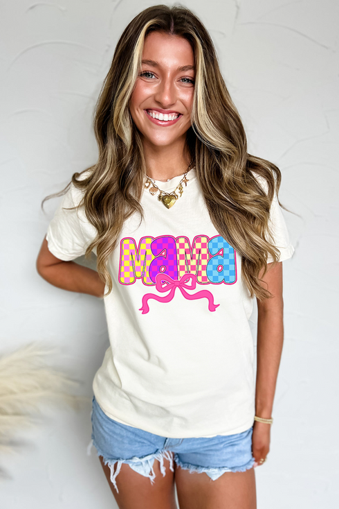 Mama Checkered Bow Knot Graphic Crewneck Short Sleeve Tee
