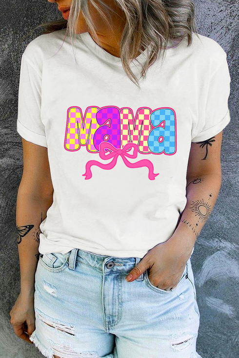 Mama Checkered Bow Knot Graphic Crewneck Short Sleeve Tee