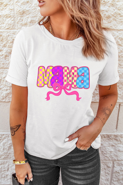 Mama Checkered Bow Knot Graphic Crewneck Short Sleeve Tee