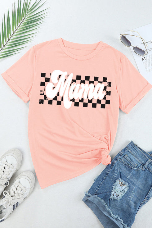 Mama Checkered Graphic Print Casual Short Sleeve Shirt