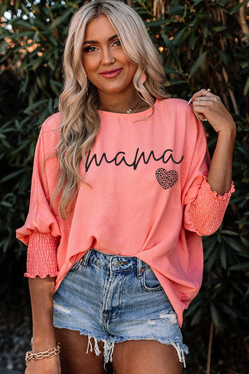 Mama Letter Graphic Animal Print Shirred Detail Top