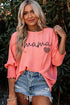 Mama Letter Graphic Animal Print Shirred Detail Top