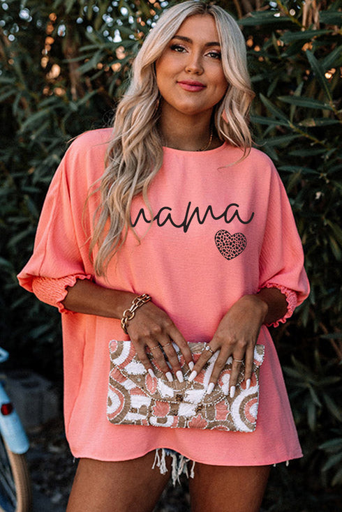 Mama Letter Graphic Animal Print Shirred Detail Top