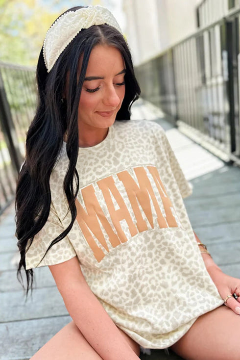 Mama Letter Graphic Leopard Print Loose Fit Casual Tee