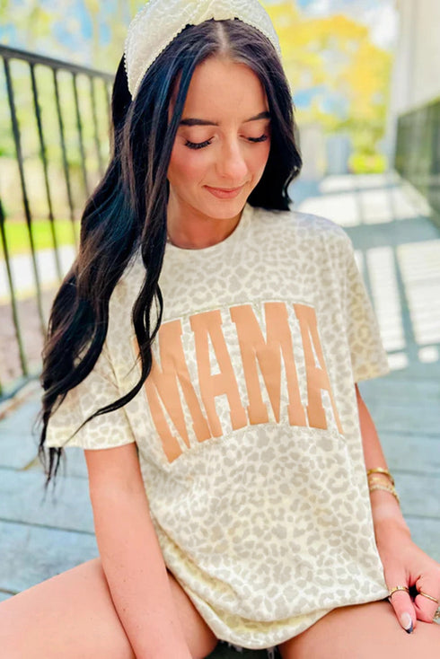 Mama Letter Graphic Leopard Print Rolled Cuff Tee