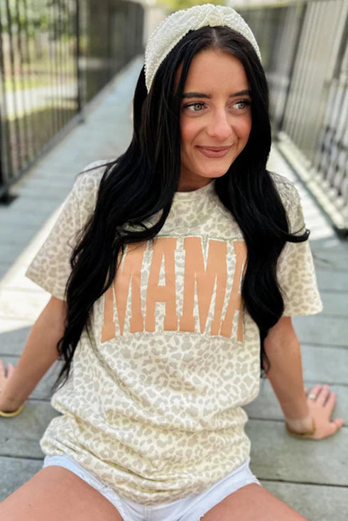 Mama Letter Graphic Leopard Print Rolled Cuff Tee
