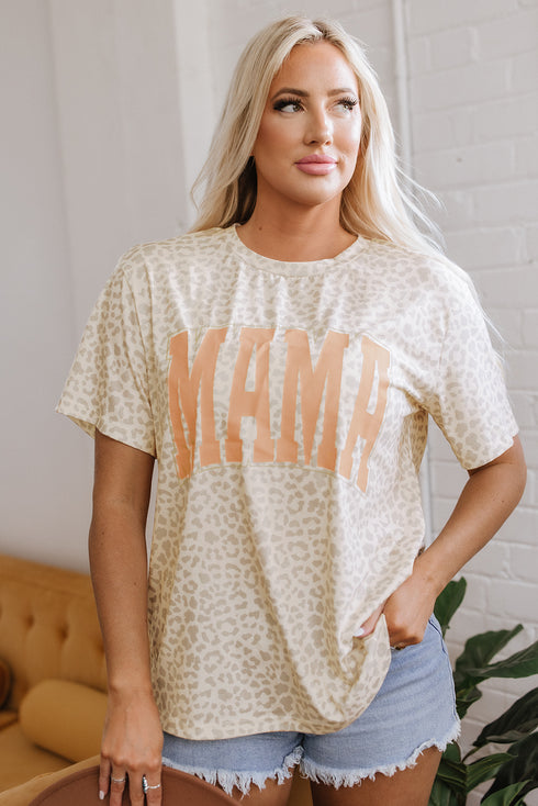 Mama Letter Graphic Leopard Print Rolled Cuff Tee
