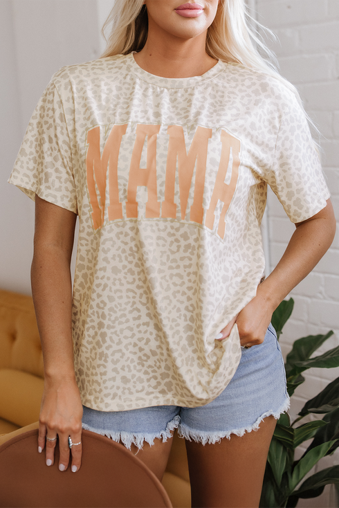 Mama Letter Graphic Leopard Print Rolled Cuff Tee