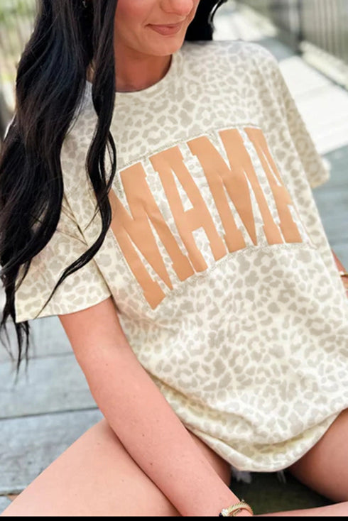 Mama Letter Graphic Leopard Print Rolled Cuff Tee