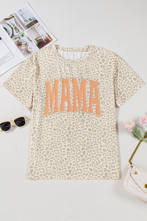 Mama Letter Graphic Leopard Print Rolled Cuff Tee
