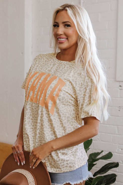 Mama Letter Graphic Leopard Print Rolled Cuff Tee