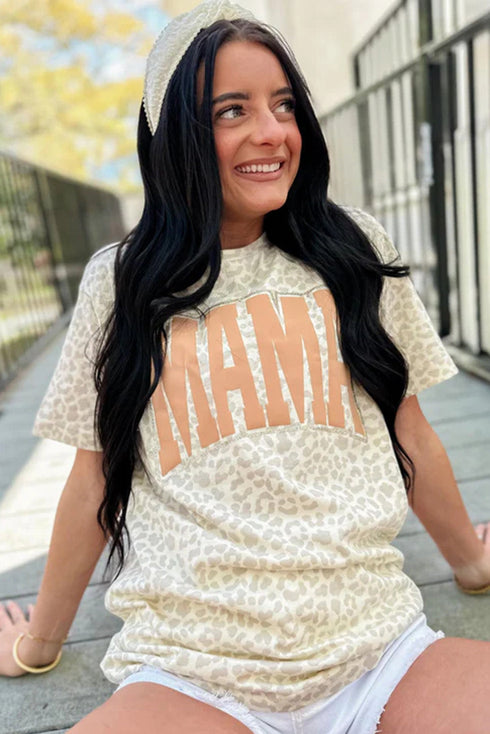 Mama Letter Graphic Leopard Print Rolled Cuff Tee