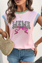 Mama Letter Print Bow Detail Ribbed Contrast Trim Cap Sleeve Tee