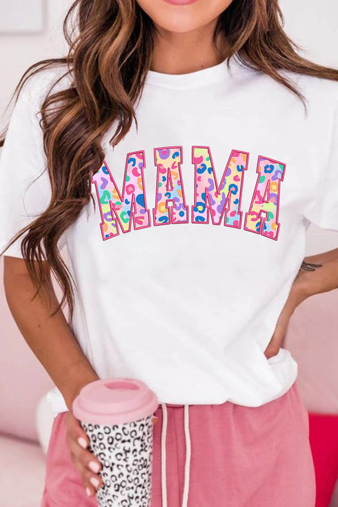 Mama Lettering Animal Pattern Crew Neck Tee