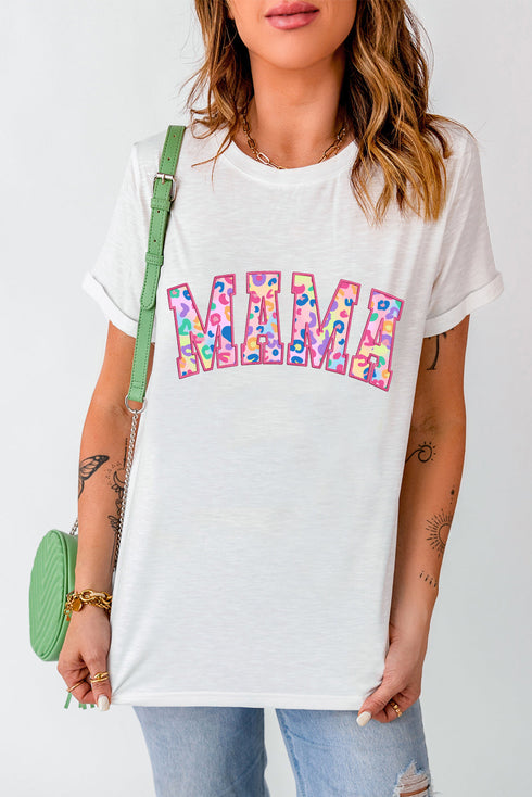 Mama Lettering Animal Pattern Crew Neck Tee
