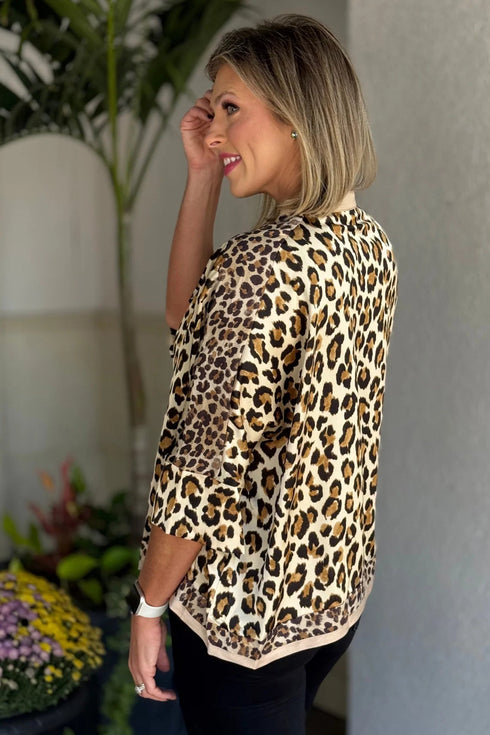 Mandarin Collar Animal Print Relaxed Fit Blouse