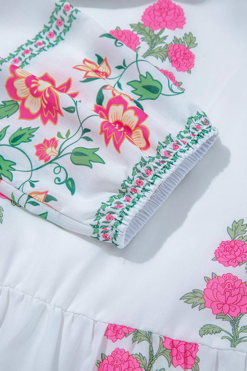 Mandarin Neck Half Button Three Quarter Sleeve Floral Dress