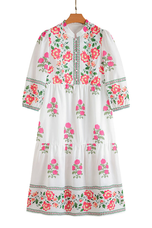 Mandarin Neck Half Button Three Quarter Sleeve Floral Dress