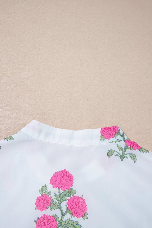Mandarin Neck Half Button Three Quarter Sleeve Floral Dress
