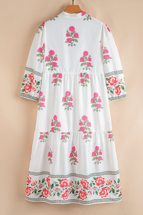 Mandarin Neck Half Button Three Quarter Sleeve Floral Dress
