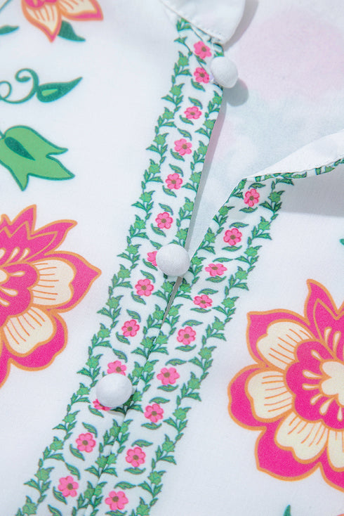 Mandarin Neck Half Button Three Quarter Sleeve Floral Dress