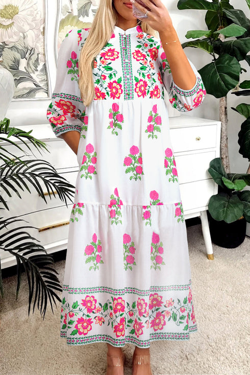 Mandarin Neck Half Button Three Quarter Sleeve Floral Dress