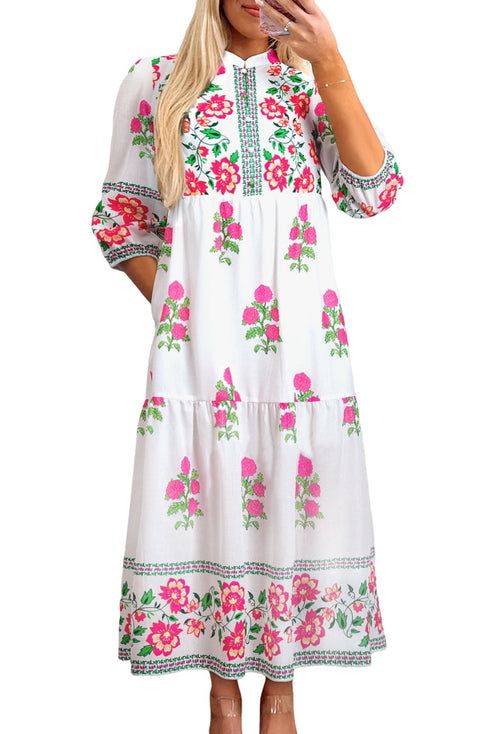 Mandarin Neck Half Button Three Quarter Sleeve Floral Dress