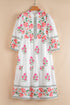 Mandarin Neck Half Button Three Quarter Sleeve Floral Dress