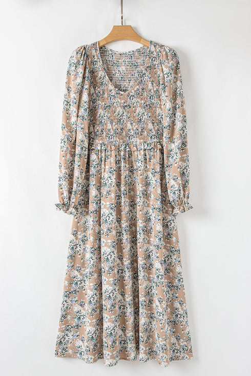Maple Grove Floral Smocked Puff Sleeve Long Dress