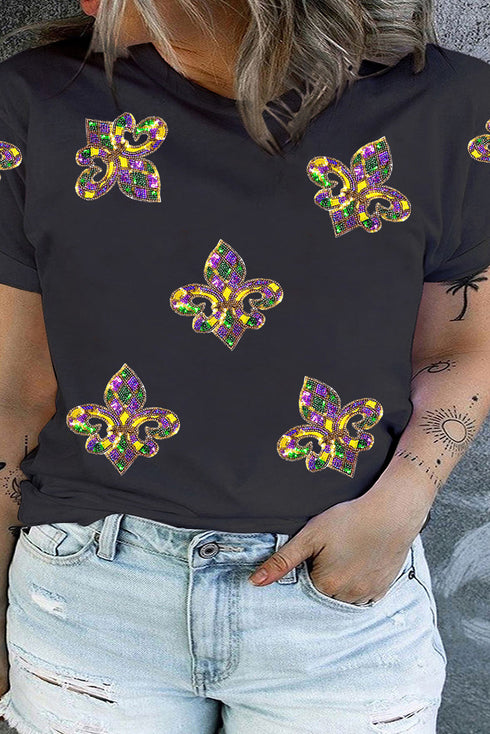 Mardi Gras Fleur de Lis Patched Graphic Crewneck Plus Size Tee