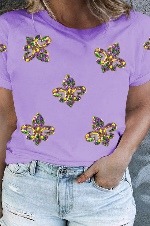 Mardi Gras Fleur de Lis Patched Graphic Crewneck Plus Size Tee