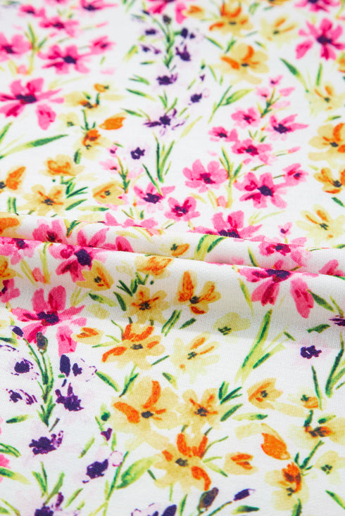 Meadow Floral Puff Sleeve Crewneck Casual Knit Tee