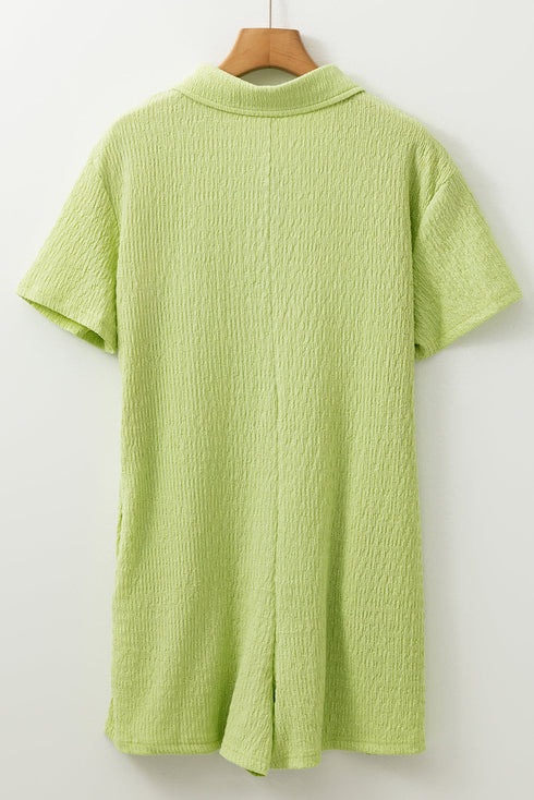 Meadow Mist Green Textured Short Sleeve Patched Pocket Buttoned Shirt Romper