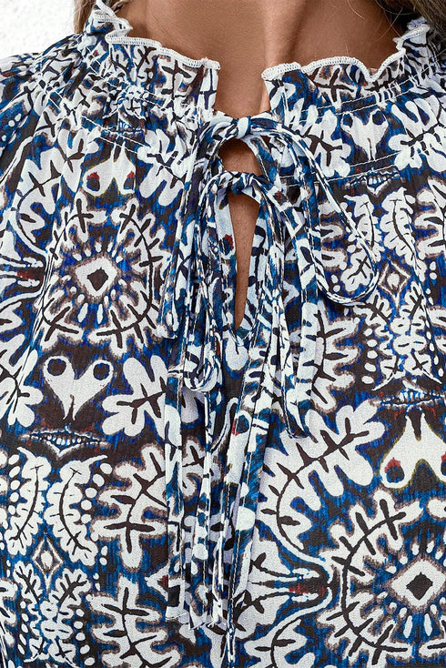Medallion Print Ruffled Tie Neck Long Sleeve Blouse