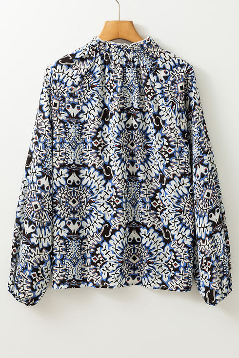 Medallion Print Ruffled Tie Neck Long Sleeve Blouse