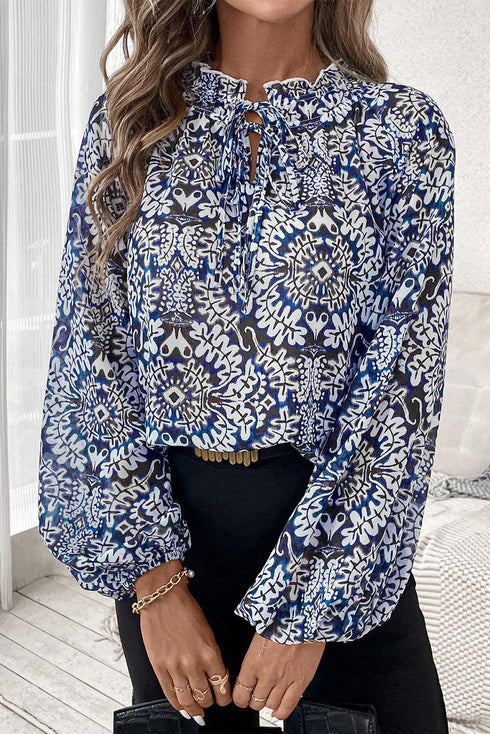 Medallion Print Ruffled Tie Neck Long Sleeve Blouse