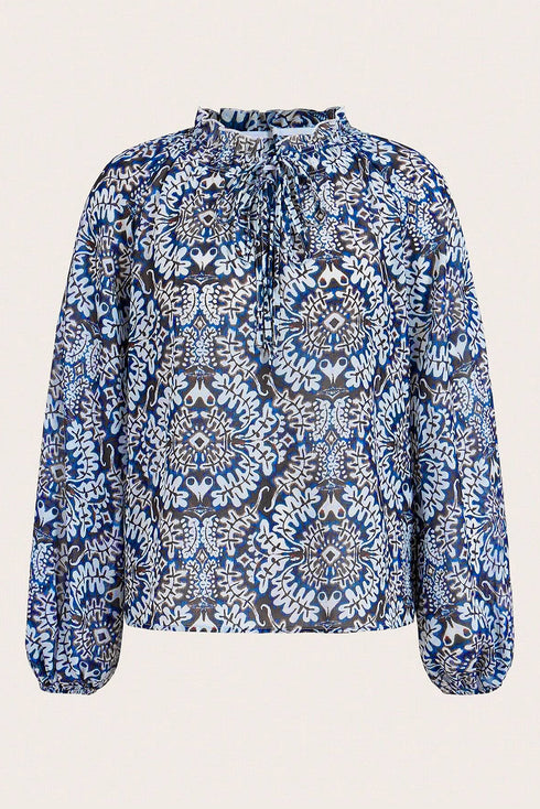 Medallion Print Ruffled Tie Neck Long Sleeve Blouse