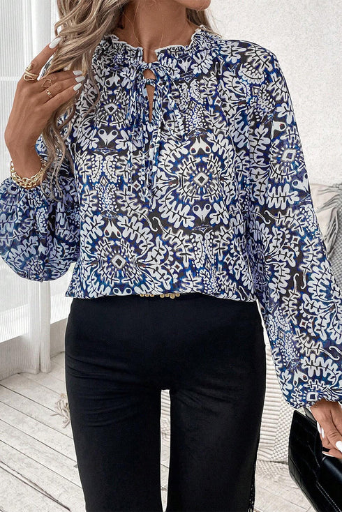 Medallion Print Ruffled Tie Neck Long Sleeve Blouse
