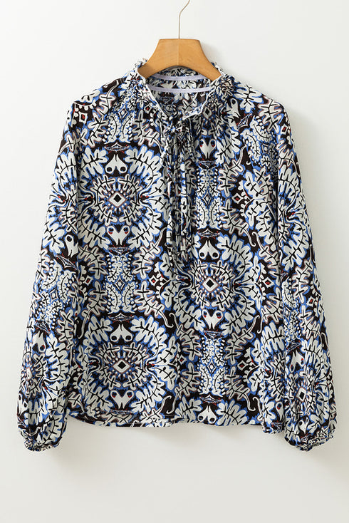 Medallion Print Ruffled Tie Neck Long Sleeve Blouse