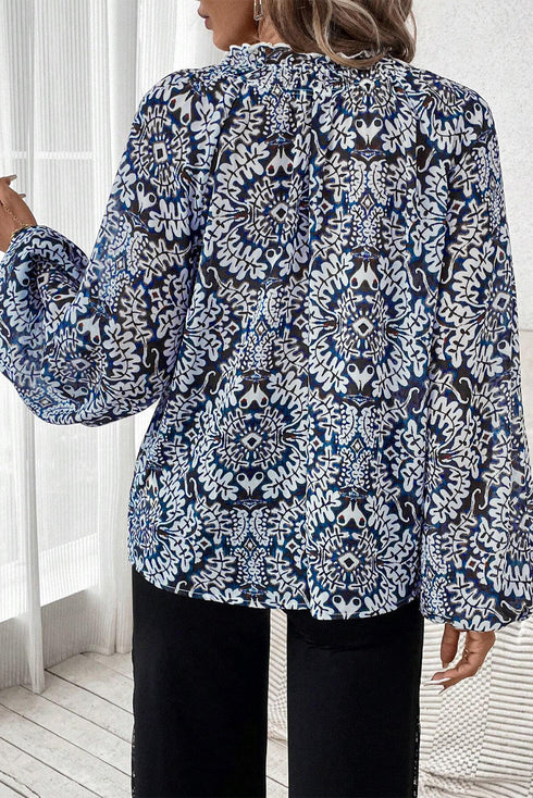 Medallion Print Ruffled Tie Neck Long Sleeve Blouse