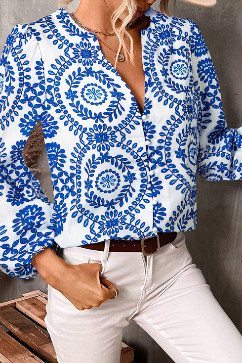 Medallion Print V Neck Button Down Bishop Sleeve Blouse