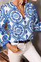 Medallion Print V Neck Button Down Bishop Sleeve Blouse